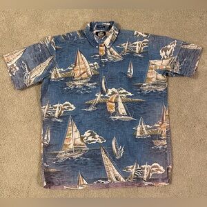 Vintage Reyn Spooner Mens M Reverse Print Blue Hawaiian Sailing Voyage Shirt